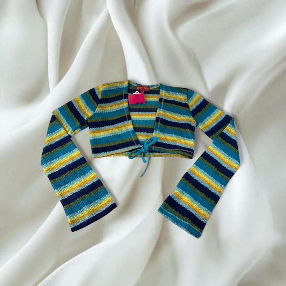 Bershka teal multicolored striped flare sleeve tie front cardigan bolero y2k